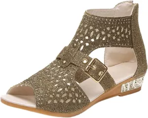 Casual Sandals Women Flat Wedge Crystal Sandals for Women Orthopedic Open Toe Shoes Slip On Casual Sandals