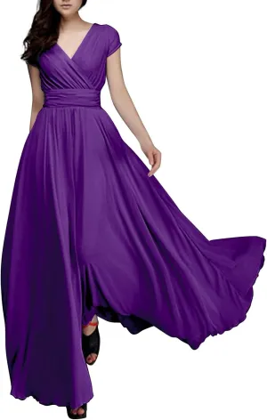 Casual Spring Dresses for Women 2025,Women's Chiffon Solid V Neck Short Sleeve Wedding Guest Dress Cocktail Maxi Dresses