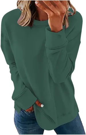 Ceboyel Womens Long Sleeve Shirts 2023 Solid Color Crew Neck Sweatshirts Loose Fit Pullover Tops Trendy Casual Fall Clothes