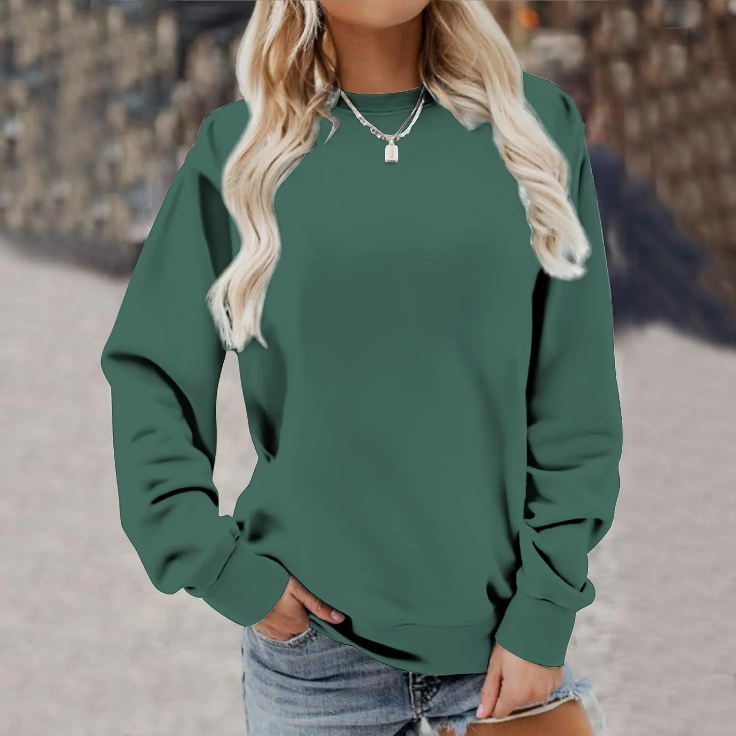 Ceboyel Womens Long Sleeve Shirts 2023 Solid Color Crew Neck Sweatshirts Loose Fit Pullover Tops Trendy Casual Fall Clothes