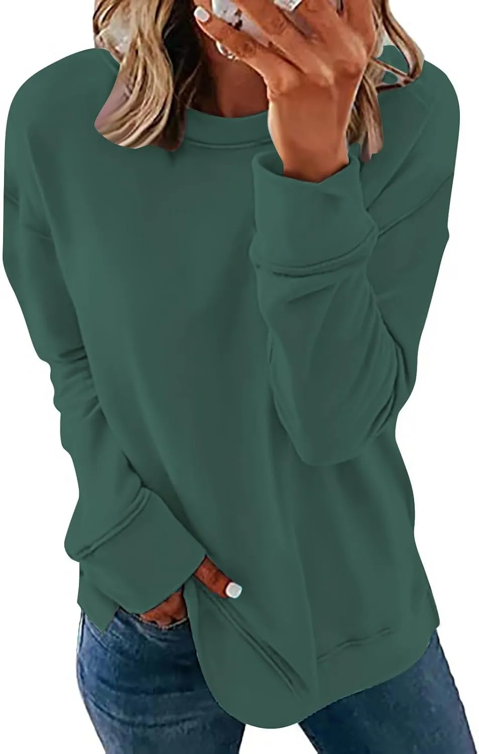 Ceboyel Womens Long Sleeve Shirts 2023 Solid Color Crew Neck Sweatshirts Loose Fit Pullover Tops Trendy Casual Fall Clothes