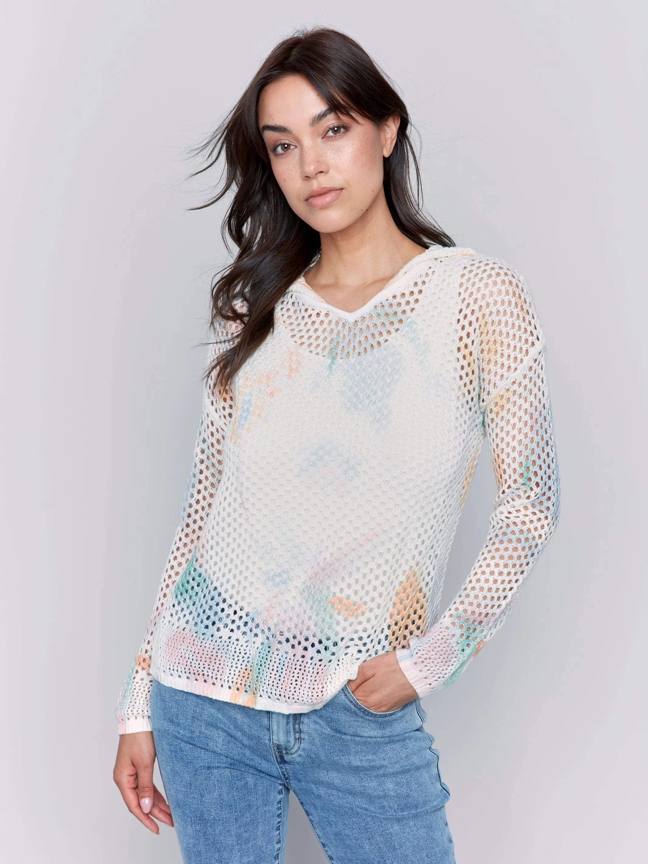 Charlie B Printed Crochet Hoodie With Drop Shoulder and Long Sleeve - C2615