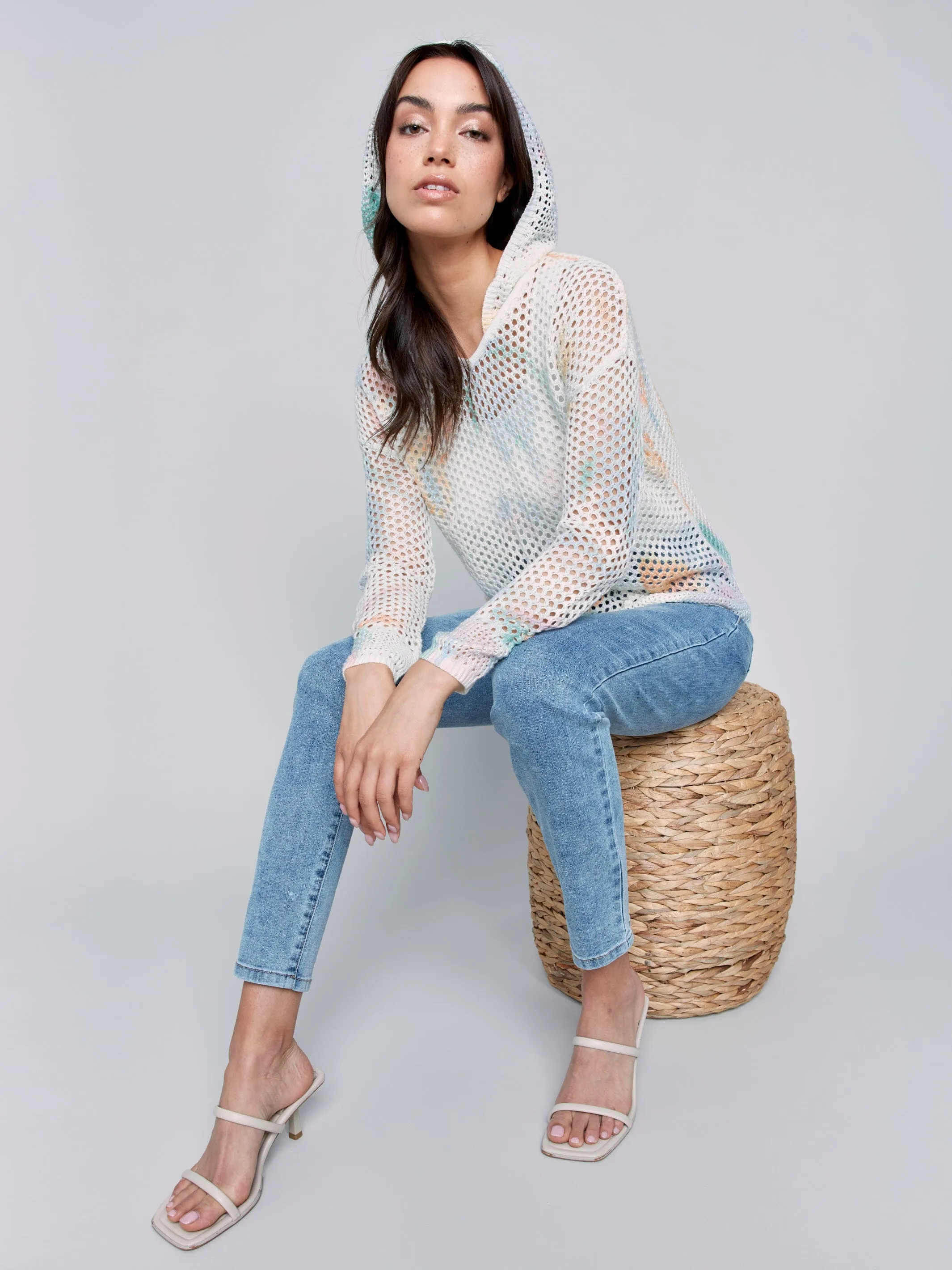 Charlie B Printed Crochet Hoodie With Drop Shoulder and Long Sleeve - C2615