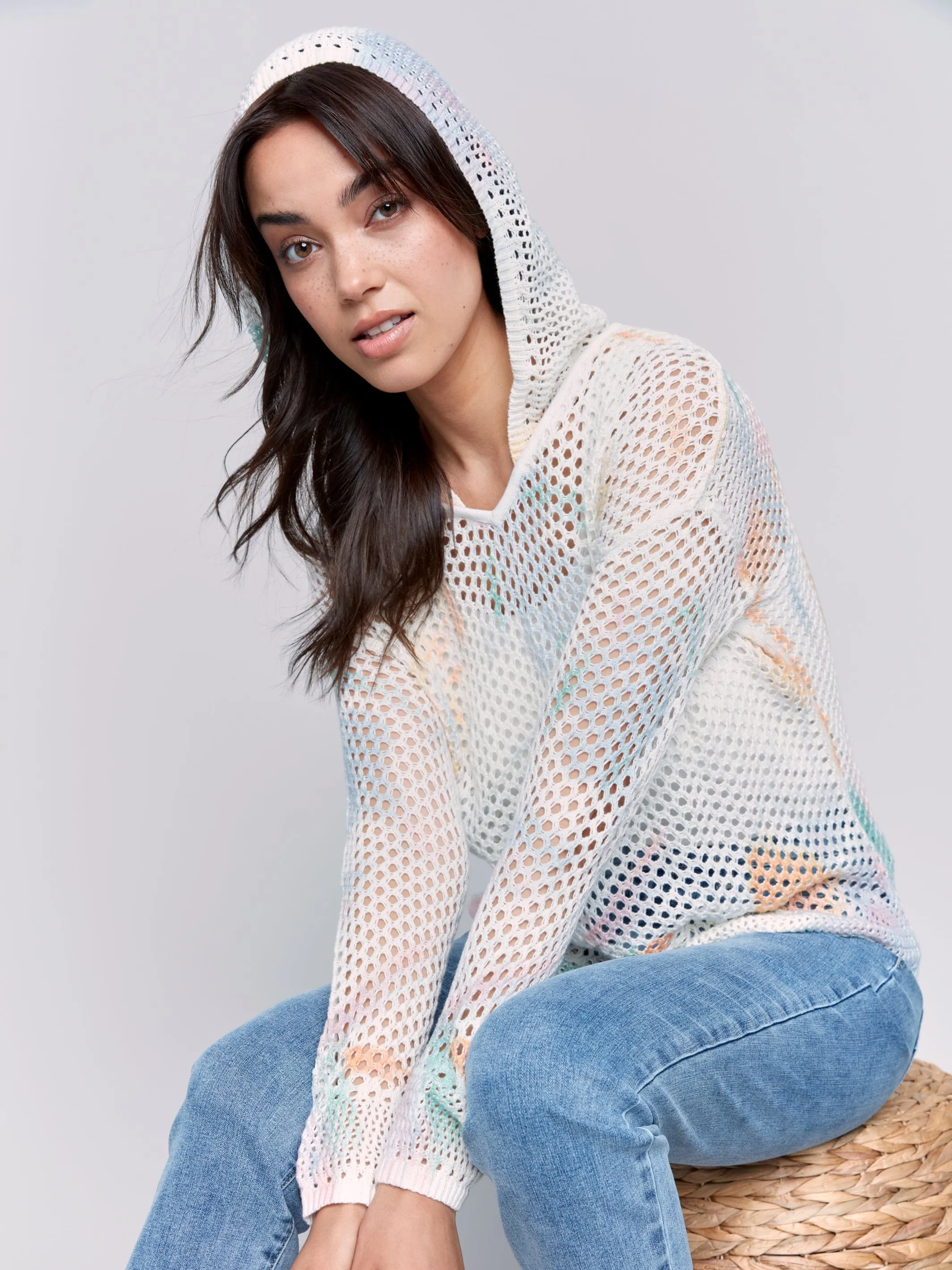 Charlie B Printed Crochet Hoodie With Drop Shoulder and Long Sleeve - C2615