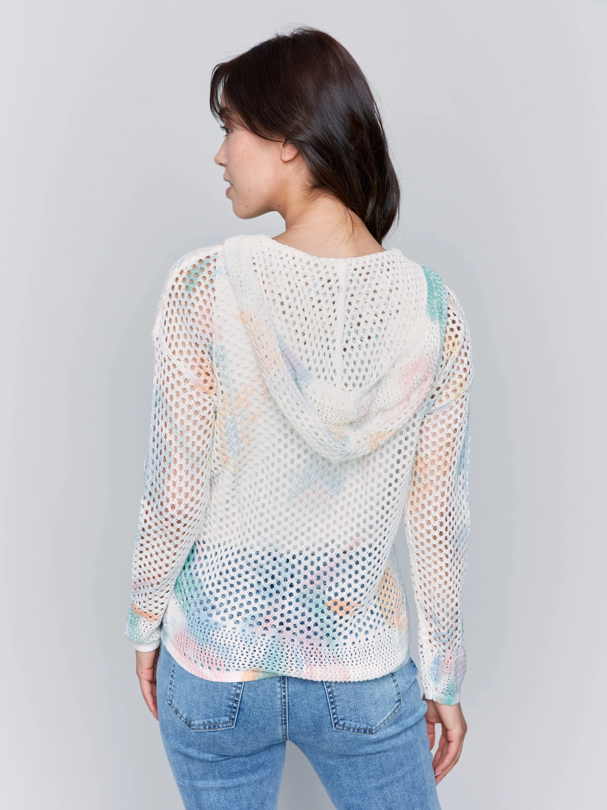 Charlie B Printed Crochet Hoodie With Drop Shoulder and Long Sleeve - C2615