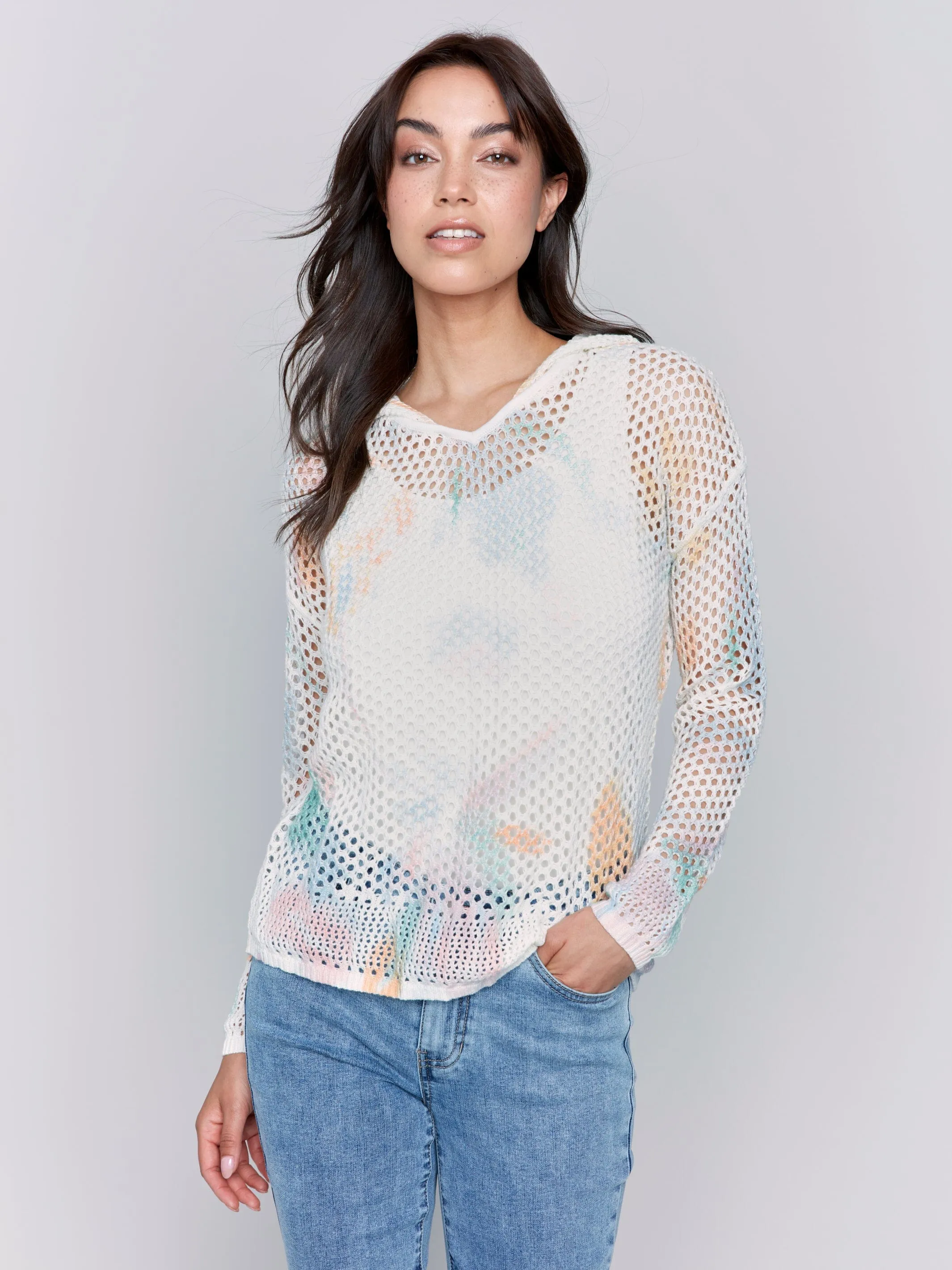 Charlie B Printed Crochet Hoodie With Drop Shoulder and Long Sleeve - C2615