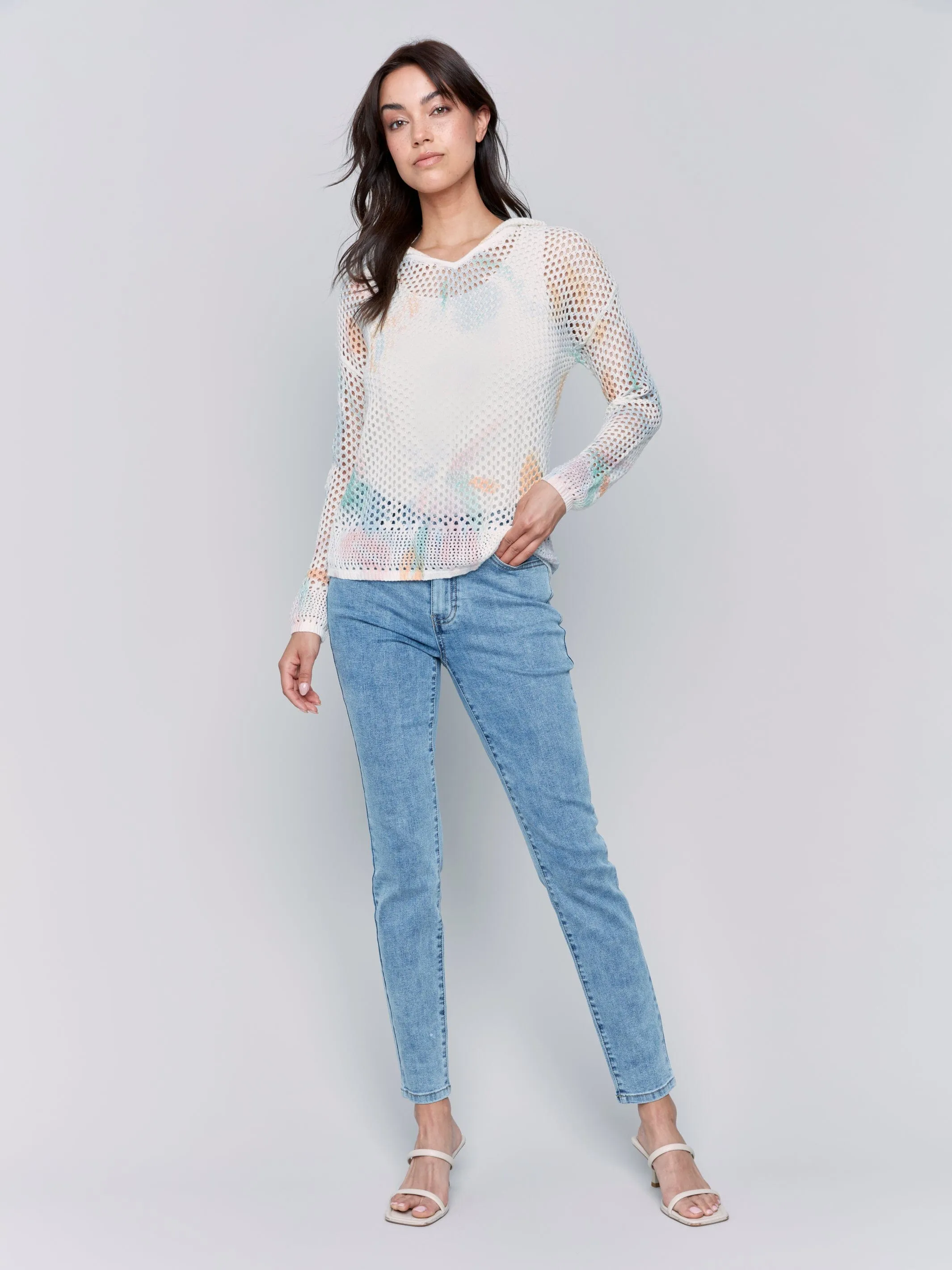 Charlie B Printed Crochet Hoodie With Drop Shoulder and Long Sleeve - C2615