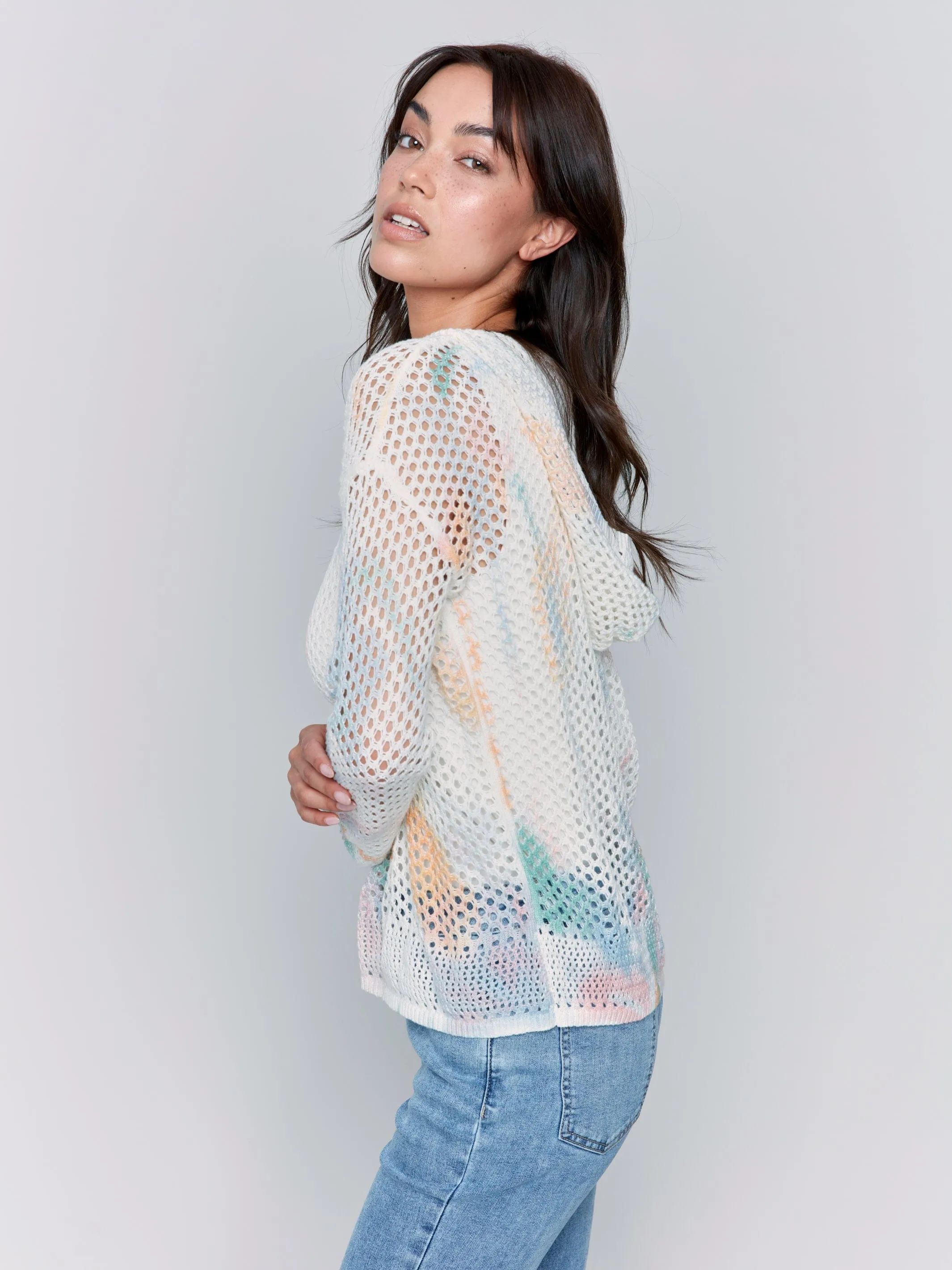 Charlie B Printed Crochet Hoodie With Drop Shoulder and Long Sleeve - C2615