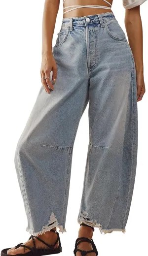CHARTOU Women Barrel Jeans Distressed Boyfriend Baggy Jeans High Waist Wide Leg Jeans Y2k Ripped Harem Pants