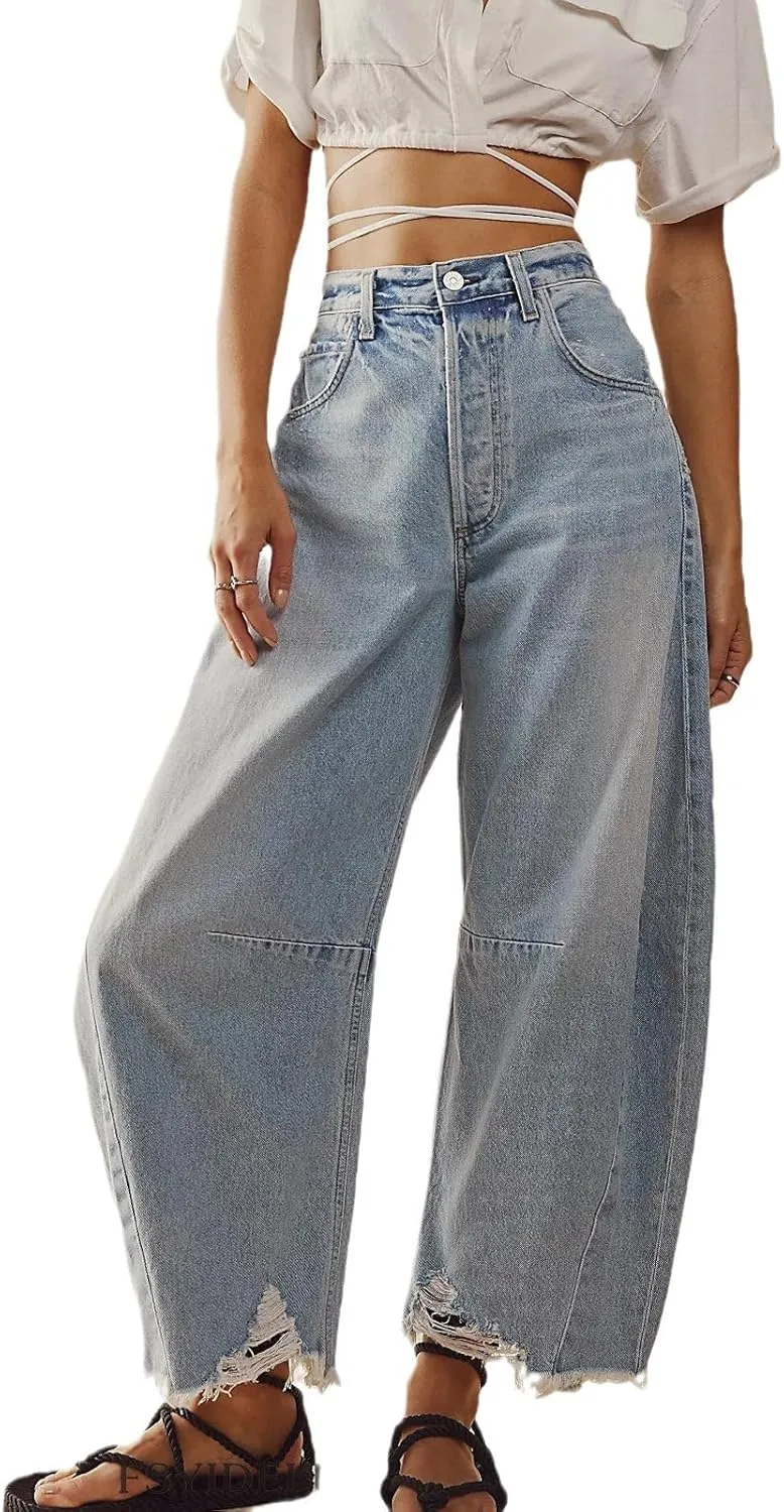 CHARTOU Women Barrel Jeans Distressed Boyfriend Baggy Jeans High Waist Wide Leg Jeans Y2k Ripped Harem Pants