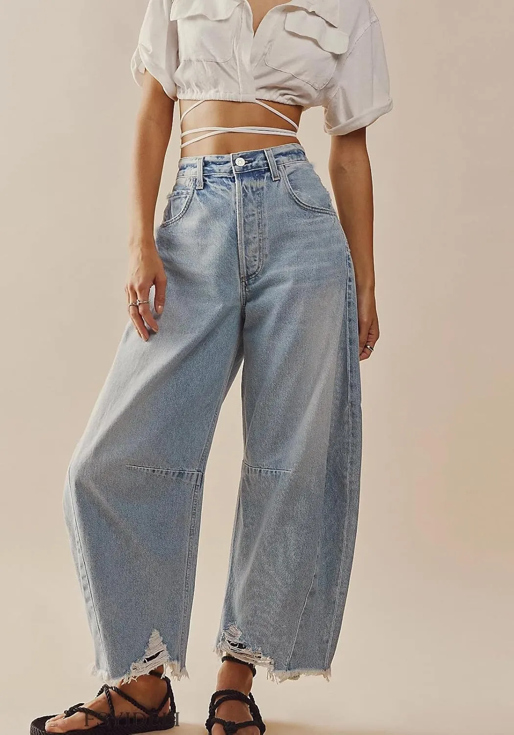 CHARTOU Women Barrel Jeans Distressed Boyfriend Baggy Jeans High Waist Wide Leg Jeans Y2k Ripped Harem Pants