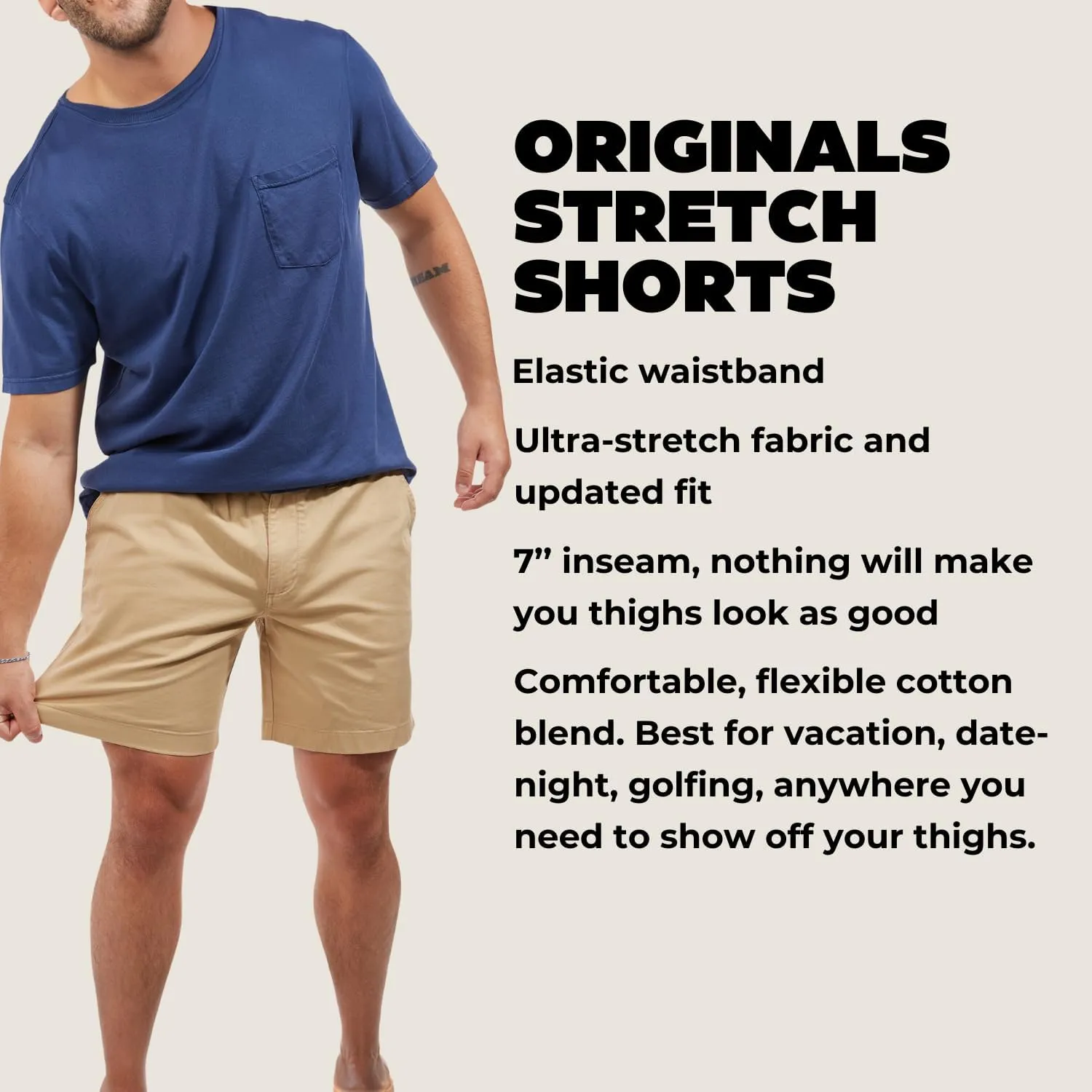 Chubbies Chino Shorts Men 7 Inch - Mens Shorts Casual with Elastic Waistband, Side and Back Pockets, Stretch Cotton Blend