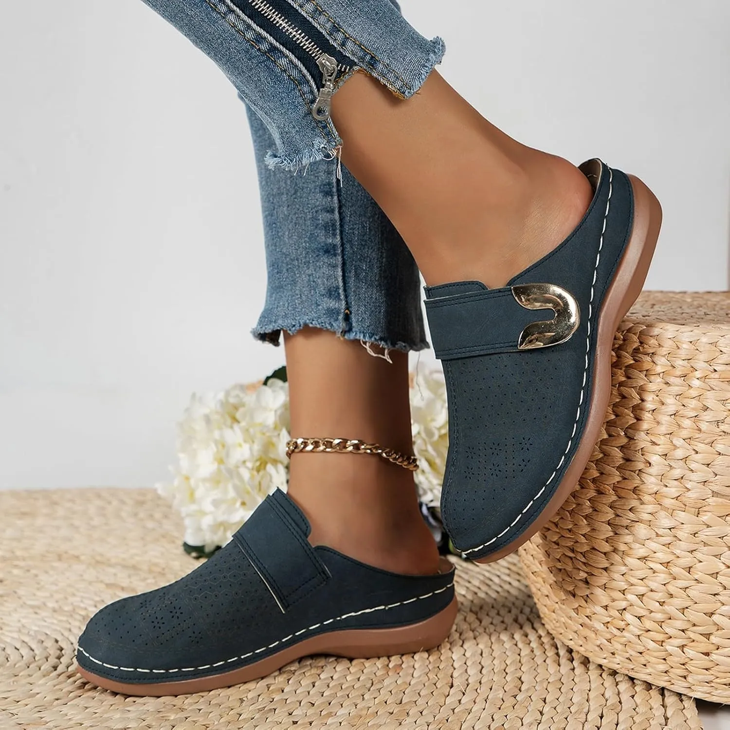 Clogs for Women Mules Shoes Arch Support Closed Toe Sandals Low Wedge Slip on Slip-On Flat Mule Comfort Summer 2025 Wide Width Platform Mesh Slippers Orthopedic Sneakers Arch-Support Sandal