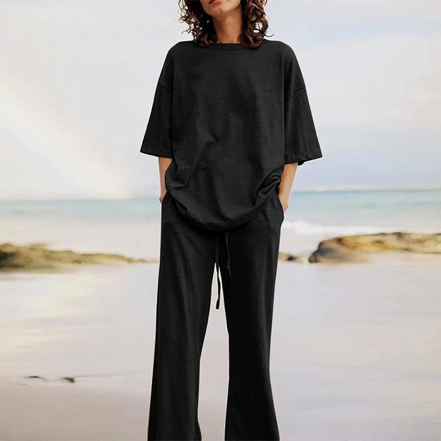 Cotton Linen 2 Piece Set for Women Summer Fall Outfits Plus Size Short Sleeve Shirts and Long Pants, Large