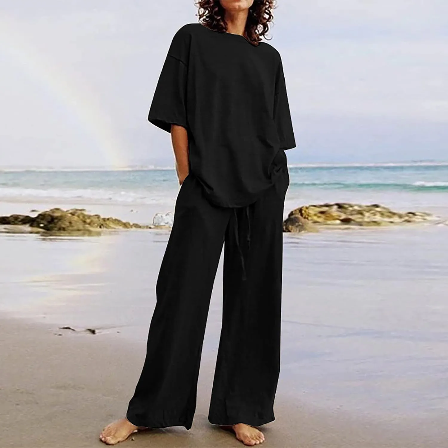 Cotton Linen 2 Piece Set for Women Summer Fall Outfits Plus Size Short Sleeve Shirts and Long Pants, Large