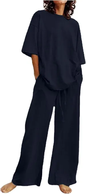 Cotton Linen 2 Piece Set for Women Summer Fall Outfits Plus Size Short Sleeve Shirts and Long Pants, Large