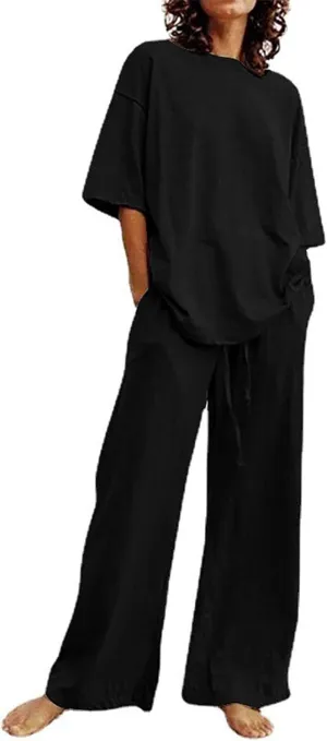 Cotton Linen 2 Piece Set for Women Summer Fall Outfits Plus Size Short Sleeve Shirts and Long Pants, Large