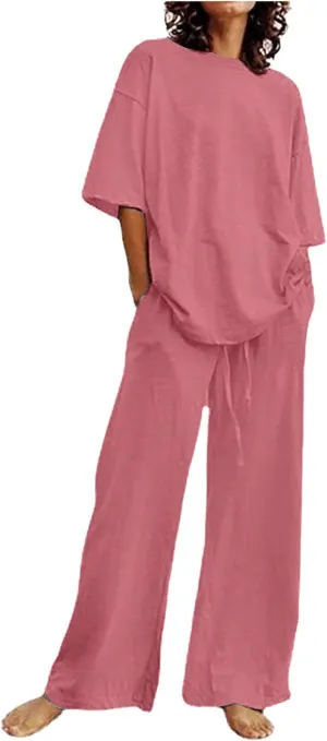 Cotton Linen 2 Piece Set for Women Summer Fall Outfits Plus Size Short Sleeve Shirts and Long Pants, Large