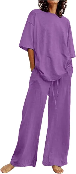 Cotton Linen 2 Piece Set for Women Summer Fall Outfits Plus Size Short Sleeve Shirts and Long Pants, Large
