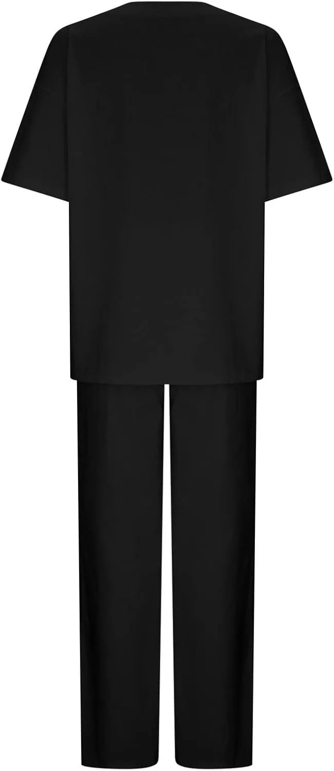 Cotton Linen 2 Piece Set for Women Summer Fall Outfits Plus Size Short Sleeve Shirts and Long Pants, Large