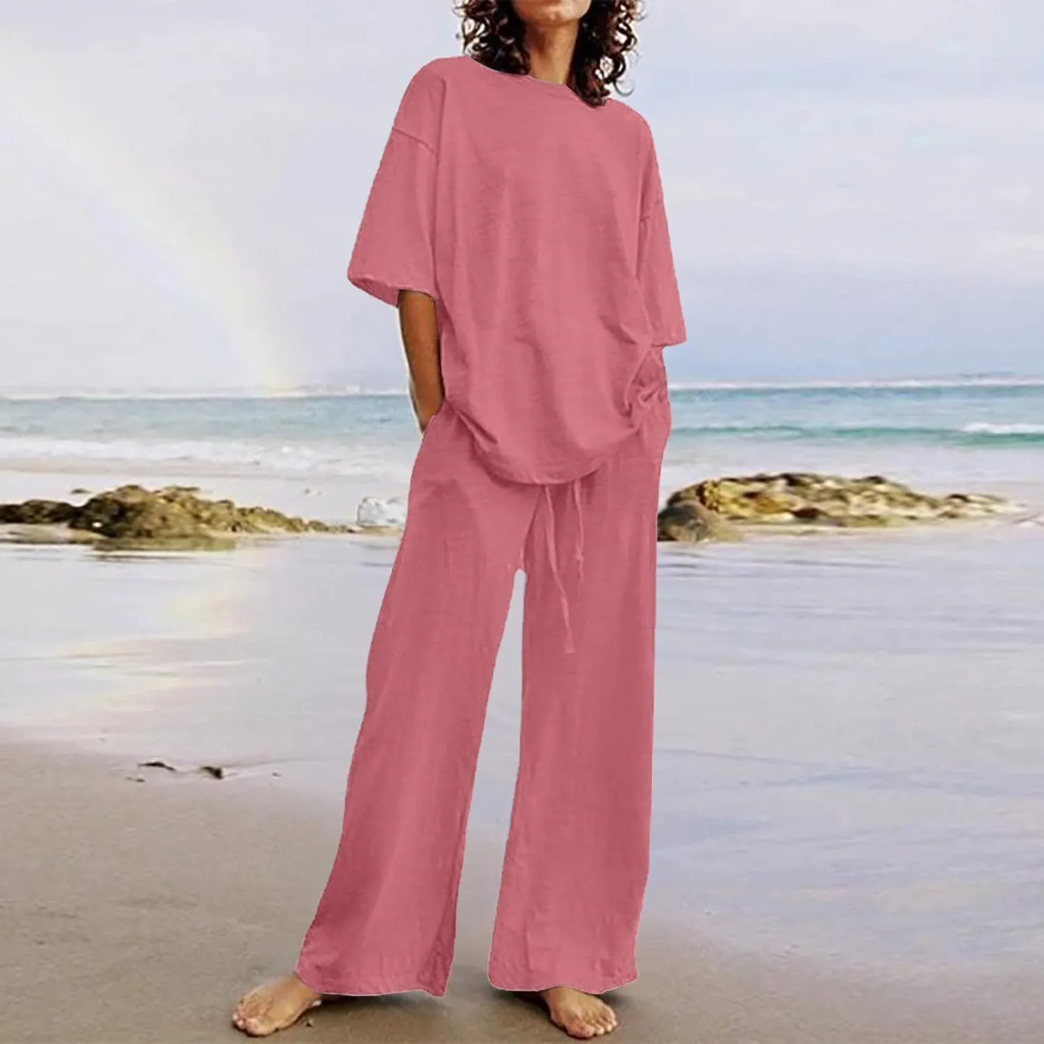 Cotton Linen 2 Piece Set for Women Summer Fall Outfits Plus Size Short Sleeve Shirts and Long Pants, Large