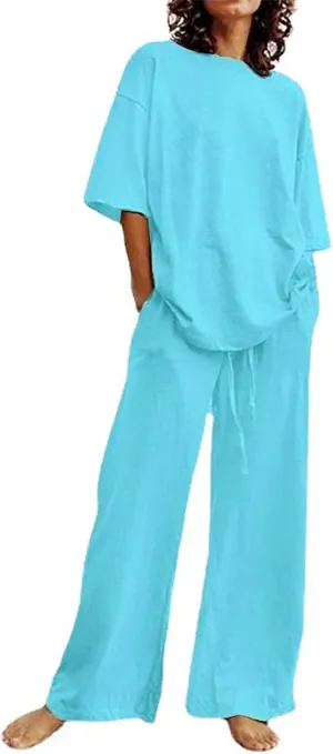 Cotton Linen 2 Piece Set for Women Summer Fall Outfits Plus Size Short Sleeve Shirts and Long Pants, Large