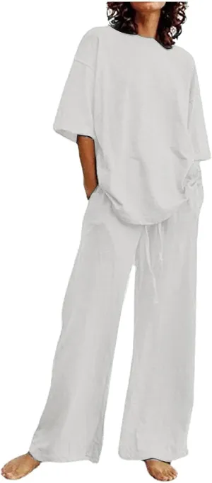 Cotton Linen 2 Piece Set for Women Summer Fall Outfits Plus Size Short Sleeve Shirts and Long Pants, Large