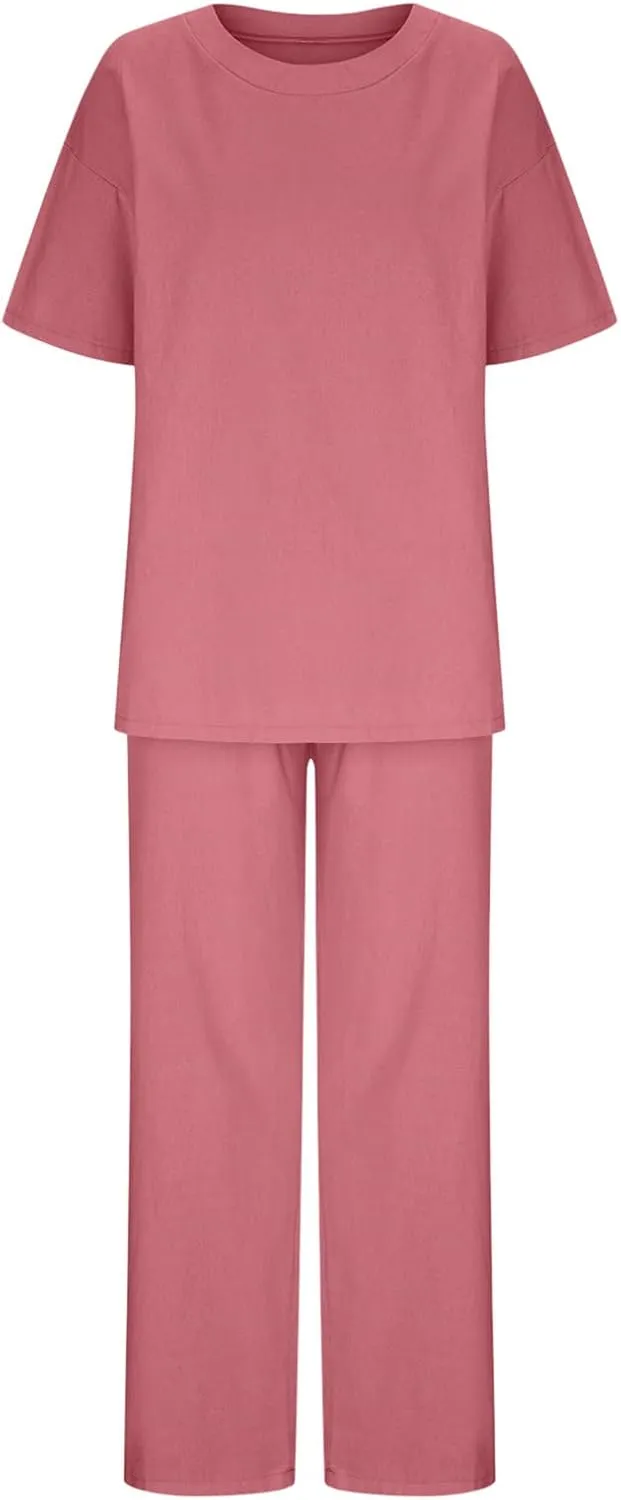 Cotton Linen 2 Piece Set for Women Summer Fall Outfits Plus Size Short Sleeve Shirts and Long Pants, Large