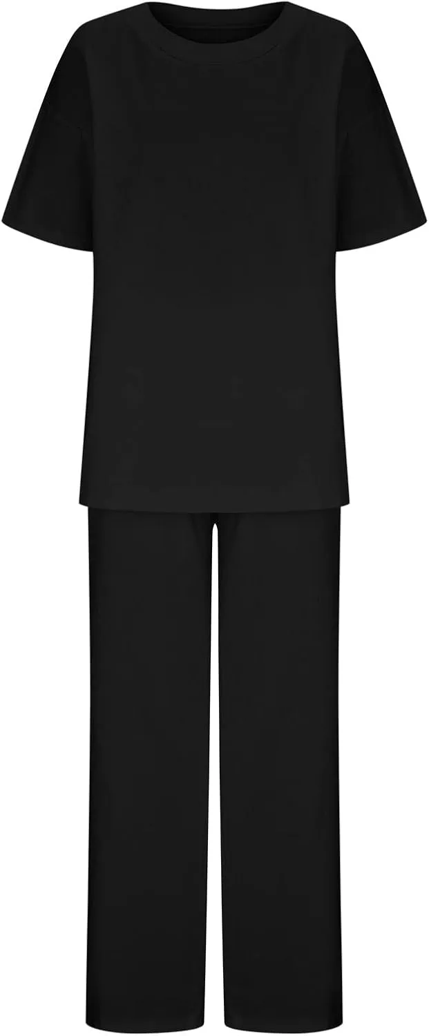Cotton Linen 2 Piece Set for Women Summer Fall Outfits Plus Size Short Sleeve Shirts and Long Pants, Large