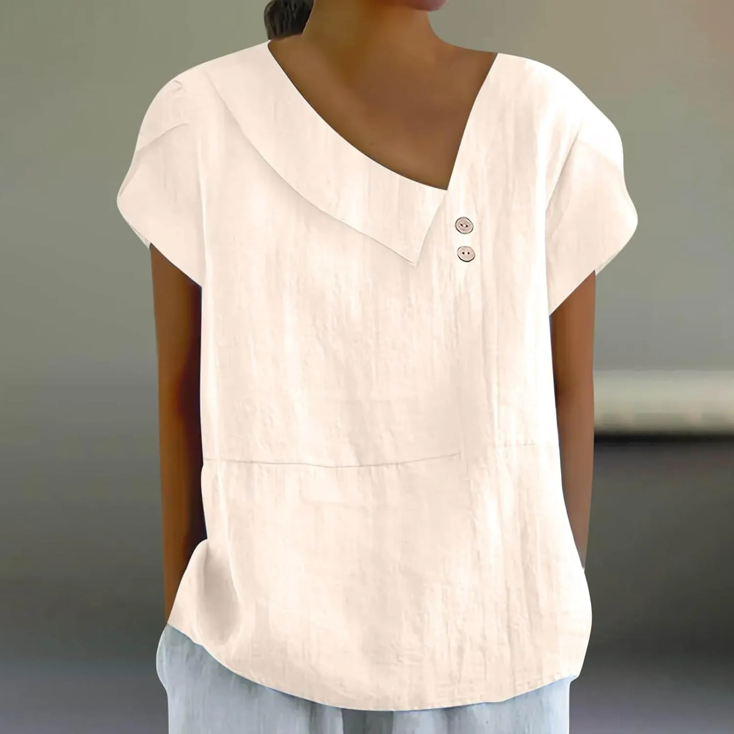 Cotton Linen Blouses for Women Summer Comfy Loose Fit Short Sleeve Tops Asymmetric V Neck Button Tees Dressy Casual T-Shirt