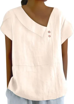 Cotton Linen Blouses for Women Summer Comfy Loose Fit Short Sleeve Tops Asymmetric V Neck Button Tees Dressy Casual T-Shirt