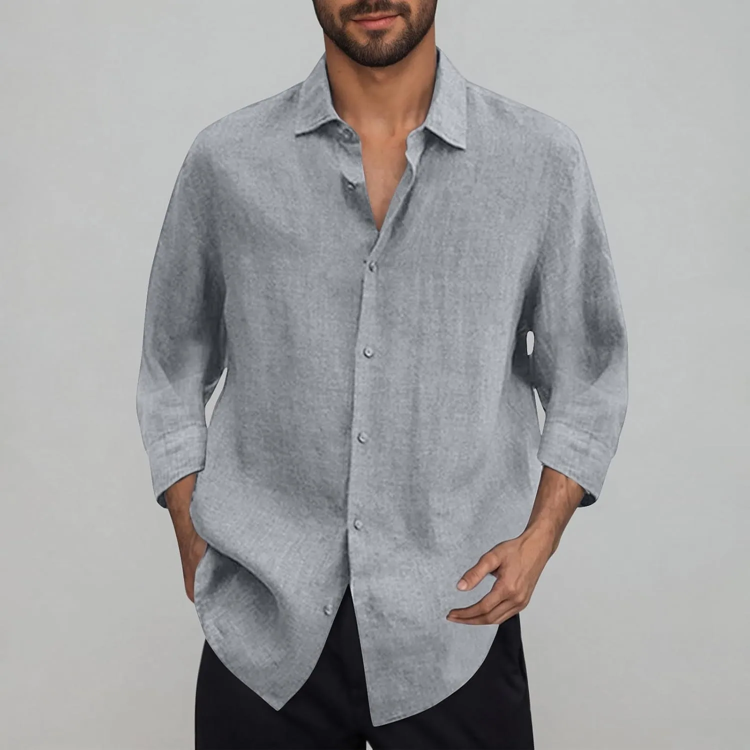 Cotton Linen Button Down Shirts for Men 3/4 Sleeve Collared V Neck Dress Shirt Summer Casual Plain Beach Vacation Top