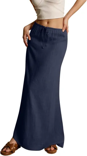 Cotton Linen Skirts for Women Maxi Length Summer Skirts Drawstring Low Rise A-Line Casual Loose Flowy Long Beach Skirt