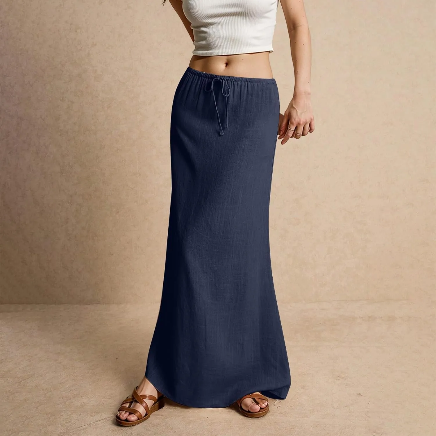 Cotton Linen Skirts for Women Maxi Length Summer Skirts Drawstring Low Rise A-Line Casual Loose Flowy Long Beach Skirt