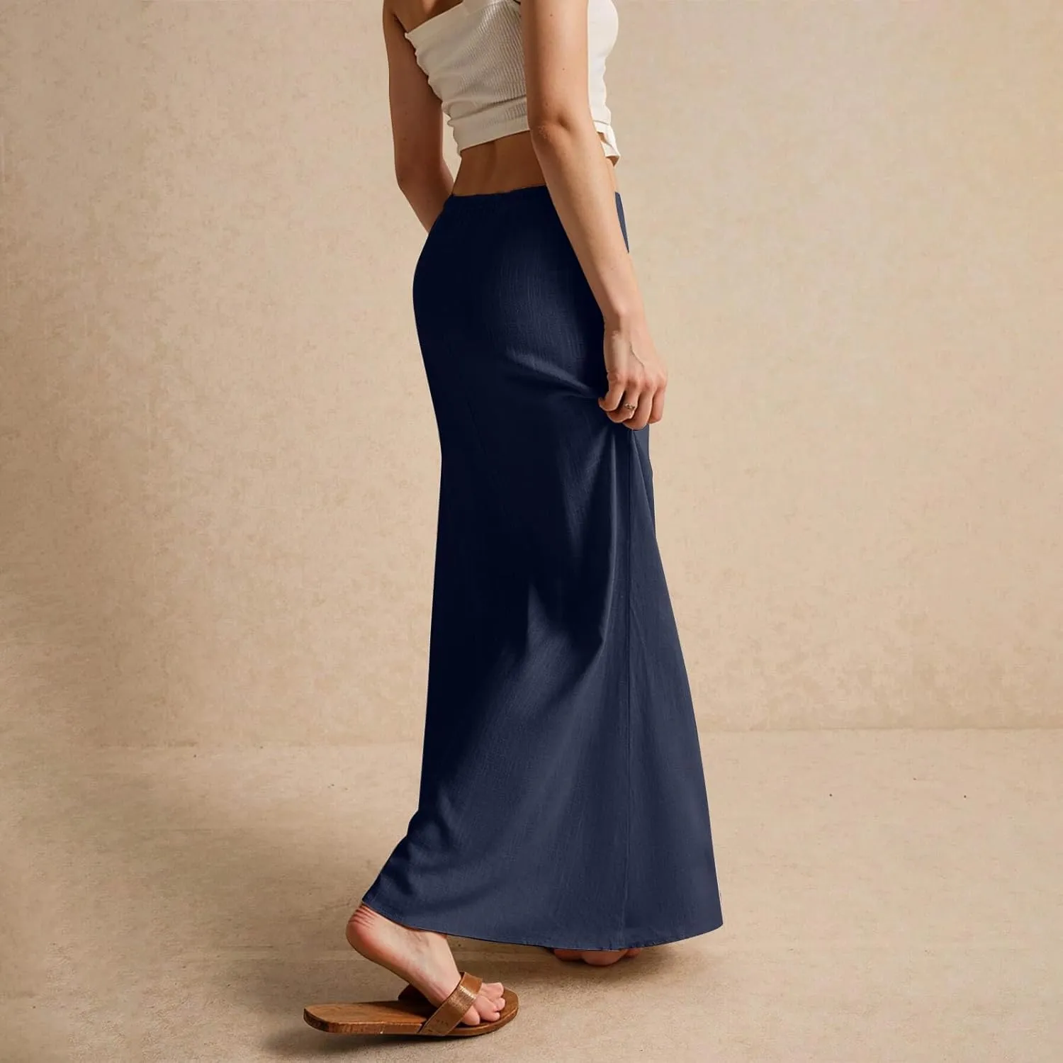 Cotton Linen Skirts for Women Maxi Length Summer Skirts Drawstring Low Rise A-Line Casual Loose Flowy Long Beach Skirt
