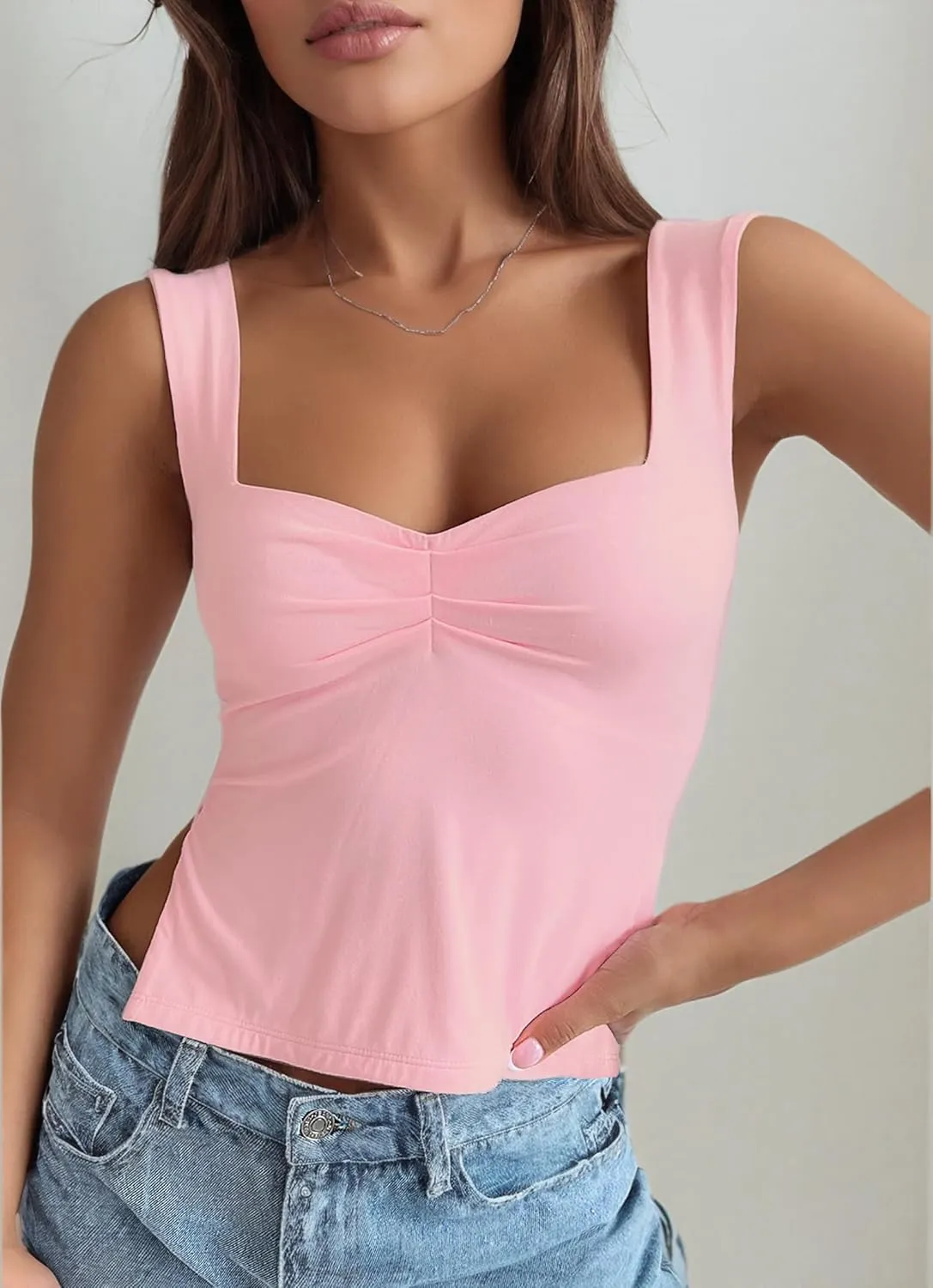 Crop Tank Tops for Women Trendy, Sleeveless Sexy Tops Women Summer Bustier Going Out Tops Sweetheart Neck Double Layered Tops