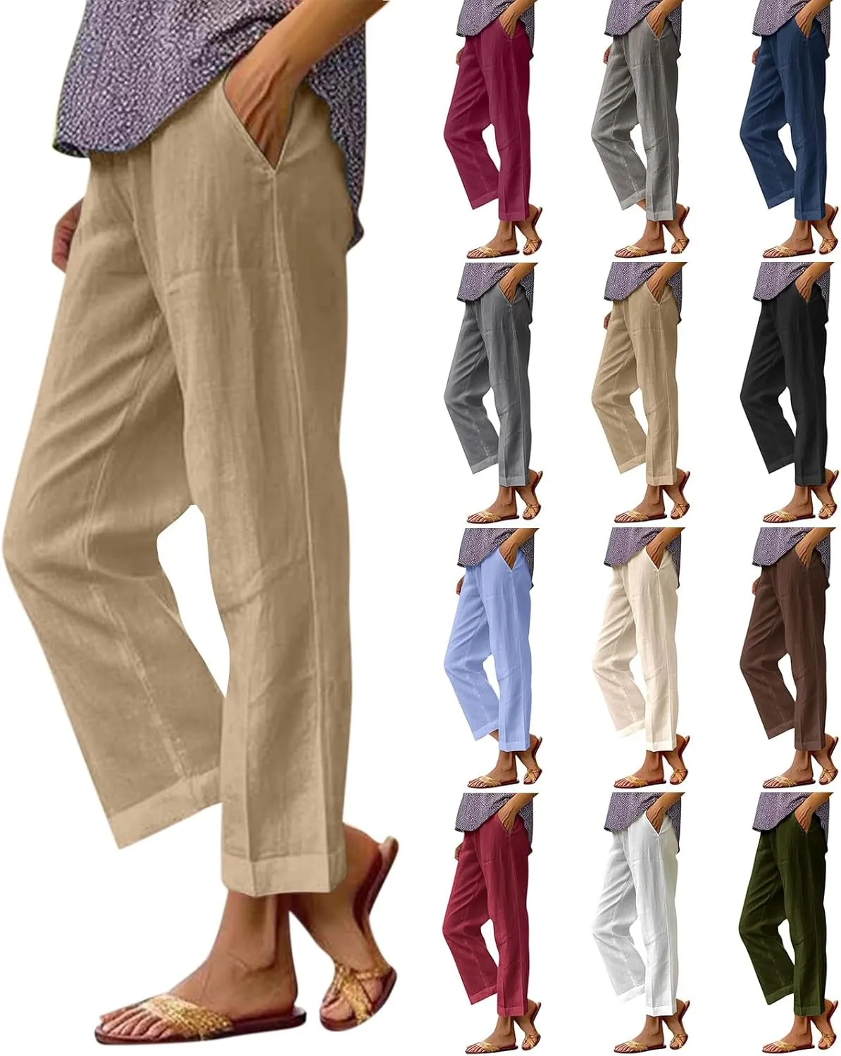 Cropped Linen Pants Women Plus Size Lightweight Summer Pants Straight Wide Leg Crop Pants Beach Pants with Pockets