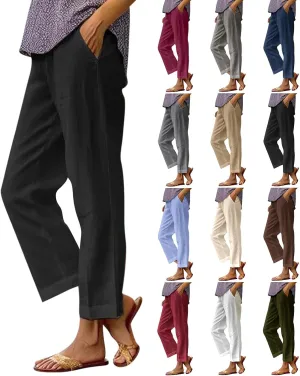 Cropped Linen Pants Women Plus Size Lightweight Summer Pants Straight Wide Leg Crop Pants Beach Pants with Pockets