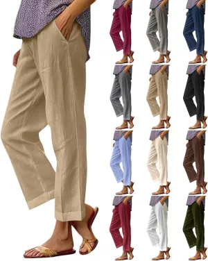 Cropped Linen Pants Women Plus Size Lightweight Summer Pants Straight Wide Leg Crop Pants Beach Pants with Pockets