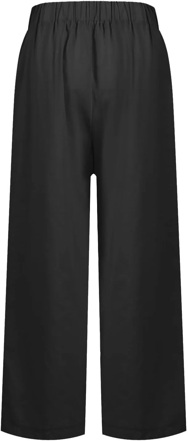 Cropped Linen Pants Women Plus Size Lightweight Summer Pants Straight Wide Leg Crop Pants Beach Pants with Pockets