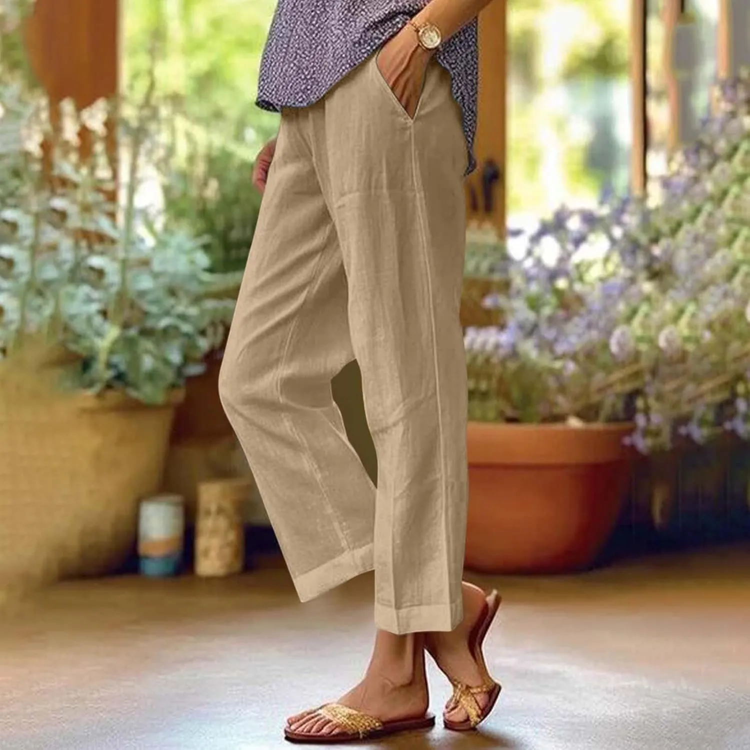 Cropped Linen Pants Women Plus Size Lightweight Summer Pants Straight Wide Leg Crop Pants Beach Pants with Pockets