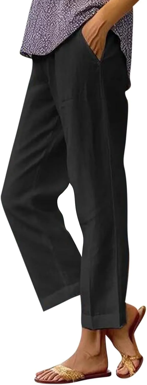 Cropped Linen Pants Women Plus Size Lightweight Summer Pants Straight Wide Leg Crop Pants Beach Pants with Pockets