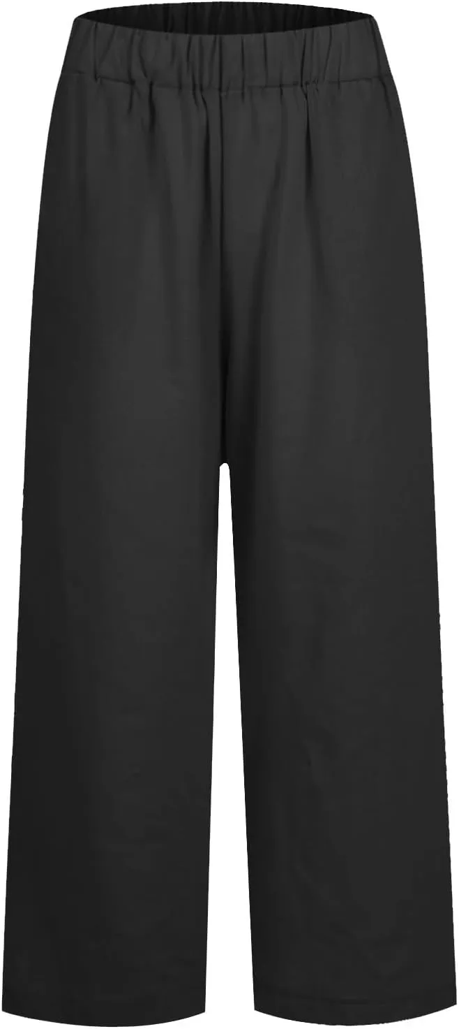 Cropped Linen Pants Women Plus Size Lightweight Summer Pants Straight Wide Leg Crop Pants Beach Pants with Pockets