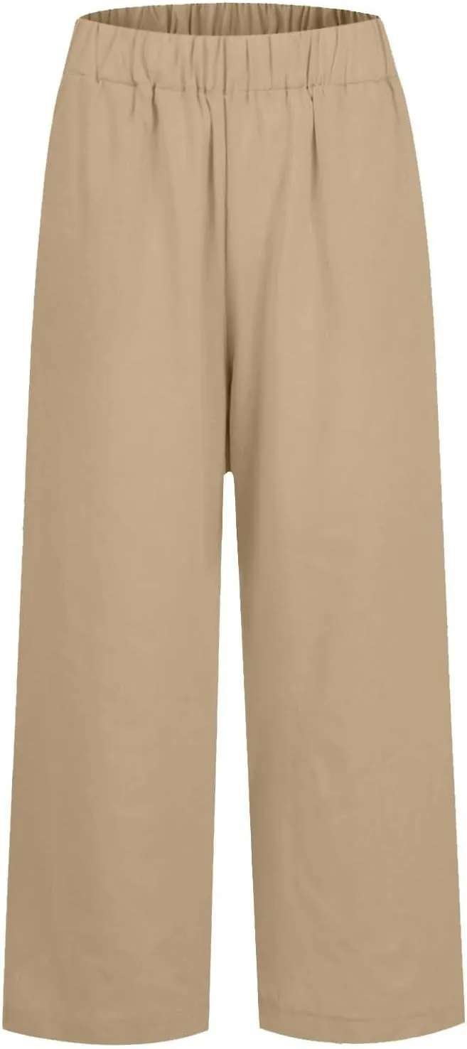 Cropped Linen Pants Women Plus Size Lightweight Summer Pants Straight Wide Leg Crop Pants Beach Pants with Pockets