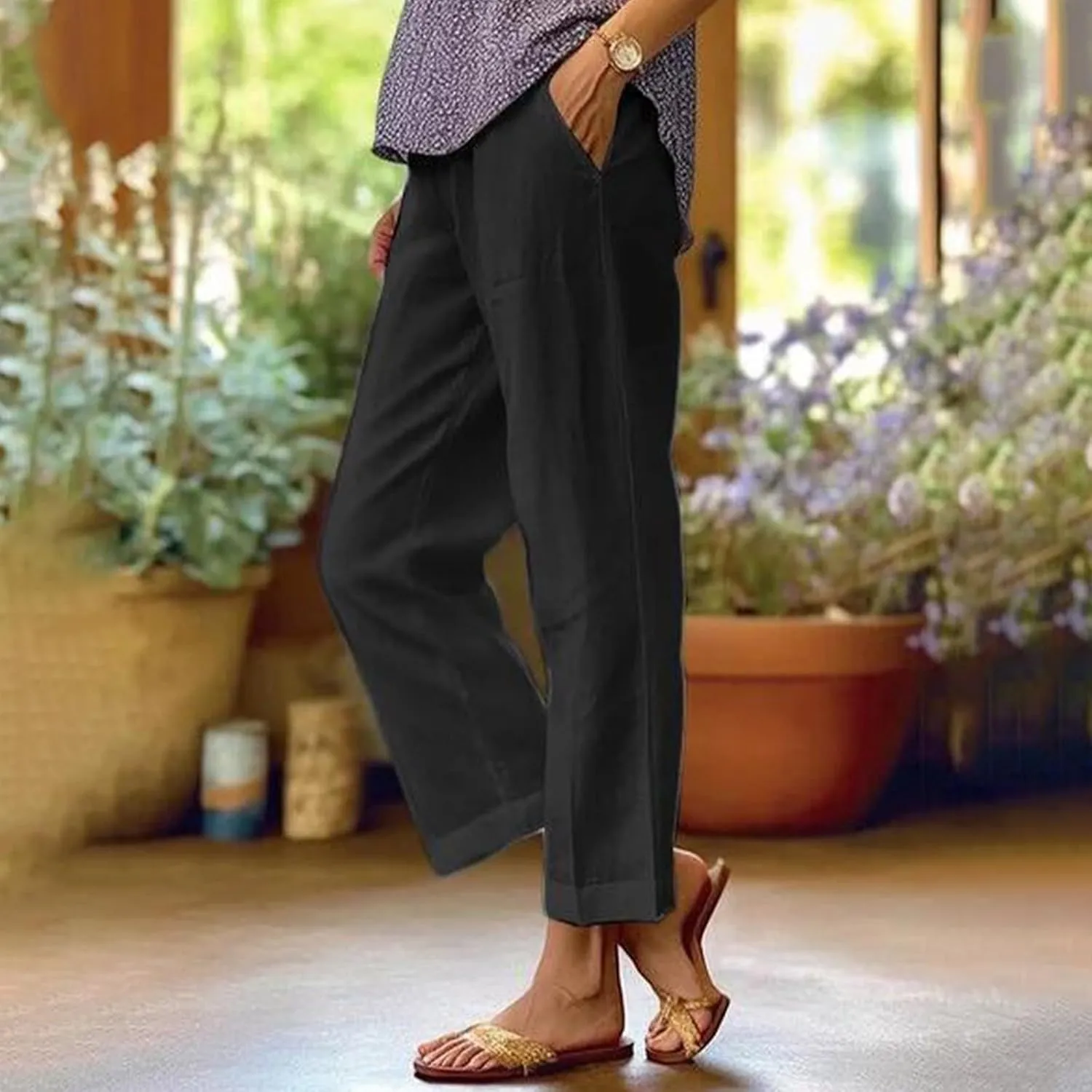 Cropped Linen Pants Women Plus Size Lightweight Summer Pants Straight Wide Leg Crop Pants Beach Pants with Pockets