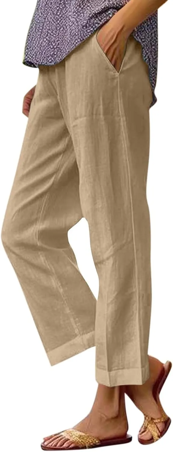 Cropped Linen Pants Women Plus Size Lightweight Summer Pants Straight Wide Leg Crop Pants Beach Pants with Pockets