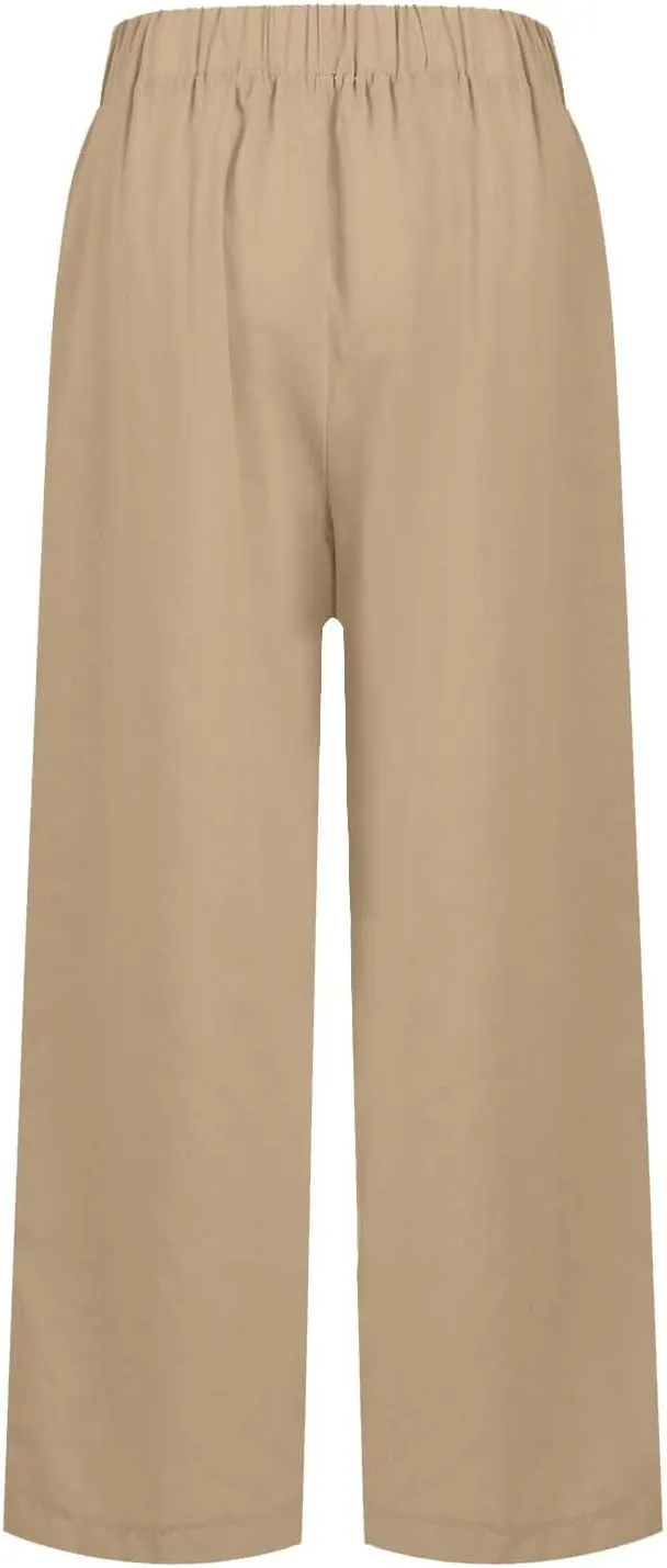 Cropped Linen Pants Women Plus Size Lightweight Summer Pants Straight Wide Leg Crop Pants Beach Pants with Pockets