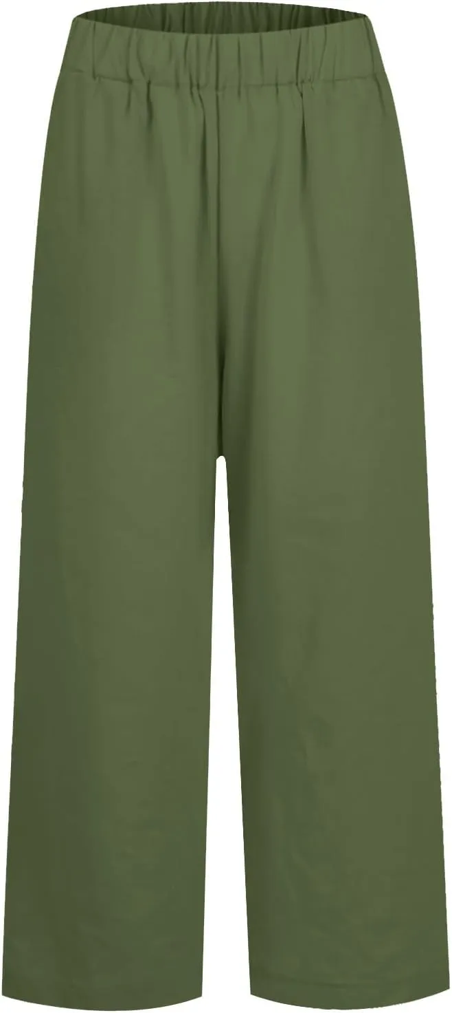 Cropped Linen Pants Women Summer Petite Plus Size Capri Pants Elastic Wide Leg Crop Pants Beach Trousers with Pockets