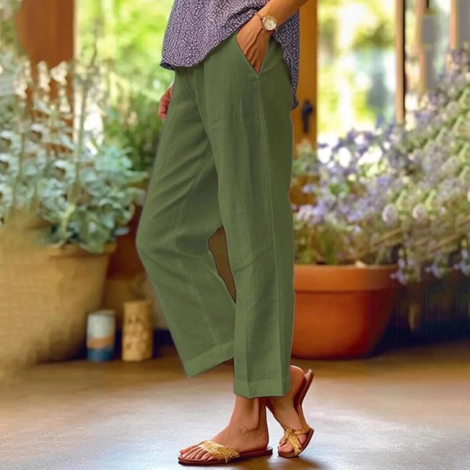 Cropped Linen Pants Women Summer Petite Plus Size Capri Pants Elastic Wide Leg Crop Pants Beach Trousers with Pockets