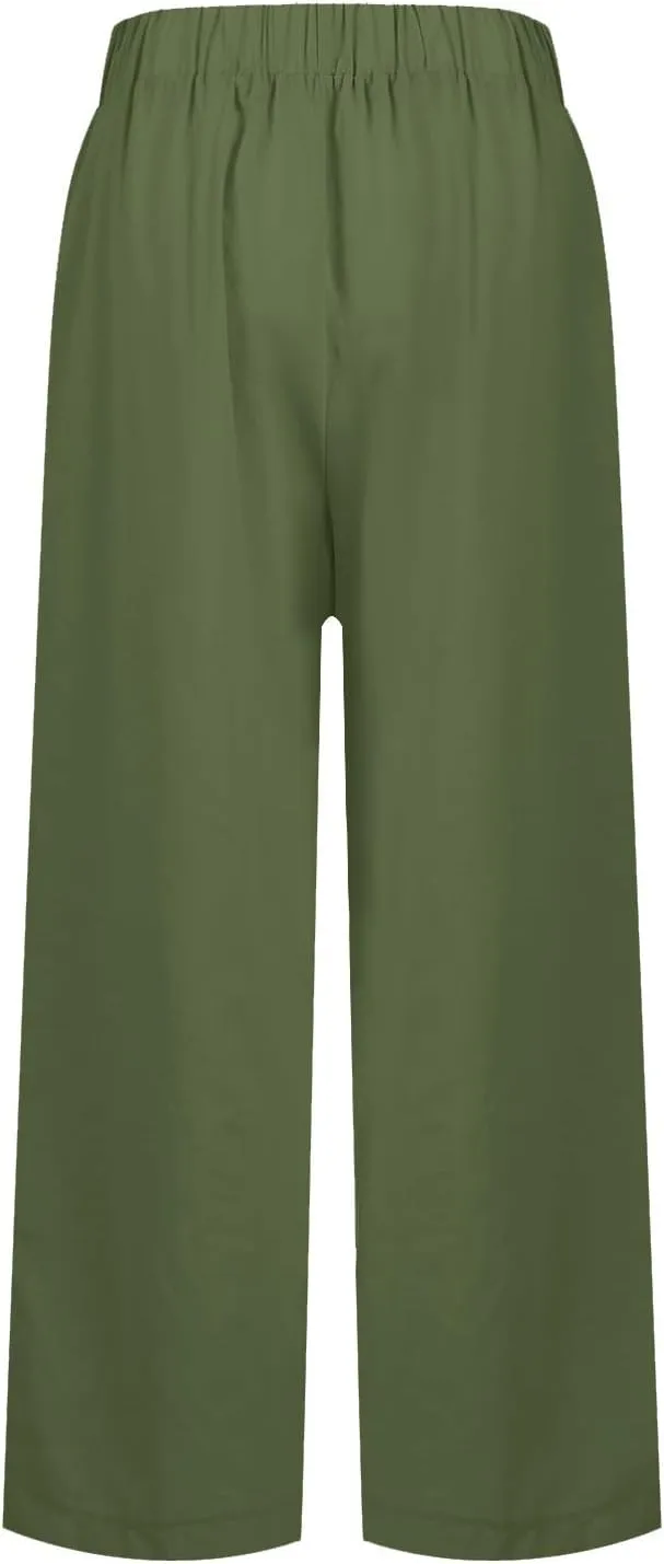 Cropped Linen Pants Women Summer Petite Plus Size Capri Pants Elastic Wide Leg Crop Pants Beach Trousers with Pockets